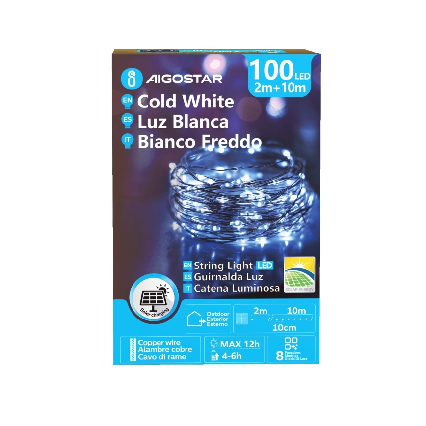 Aigostar - Soldrevet LED-julekæde 100xLED/8 funktioner 12m IP65 800 mAh kold hvid