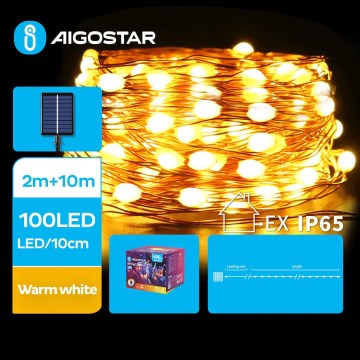 Aigostar - Soldrevet LED julekæde 100xLED/8 funktioner 12 m IP65 varm hvid