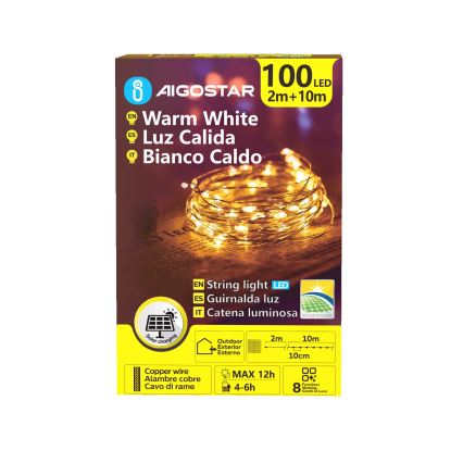 Aigostar - Soldrevet LED-julekæde 100xLED/8 funktioner 12 m 800 mAh IP65 varm hvid