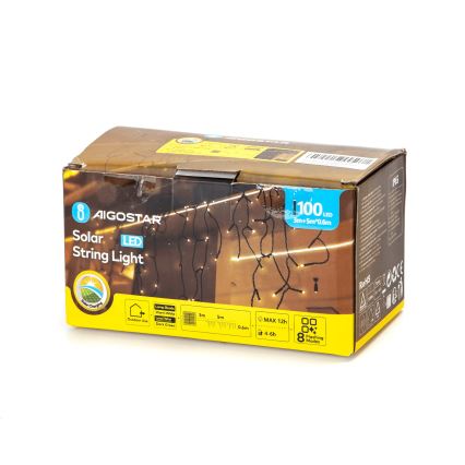Aigostar - Soldrevet LED-julekæde 100xLED/8 funktioner 8x0,6 m 800 mAh IP65 varm hvid