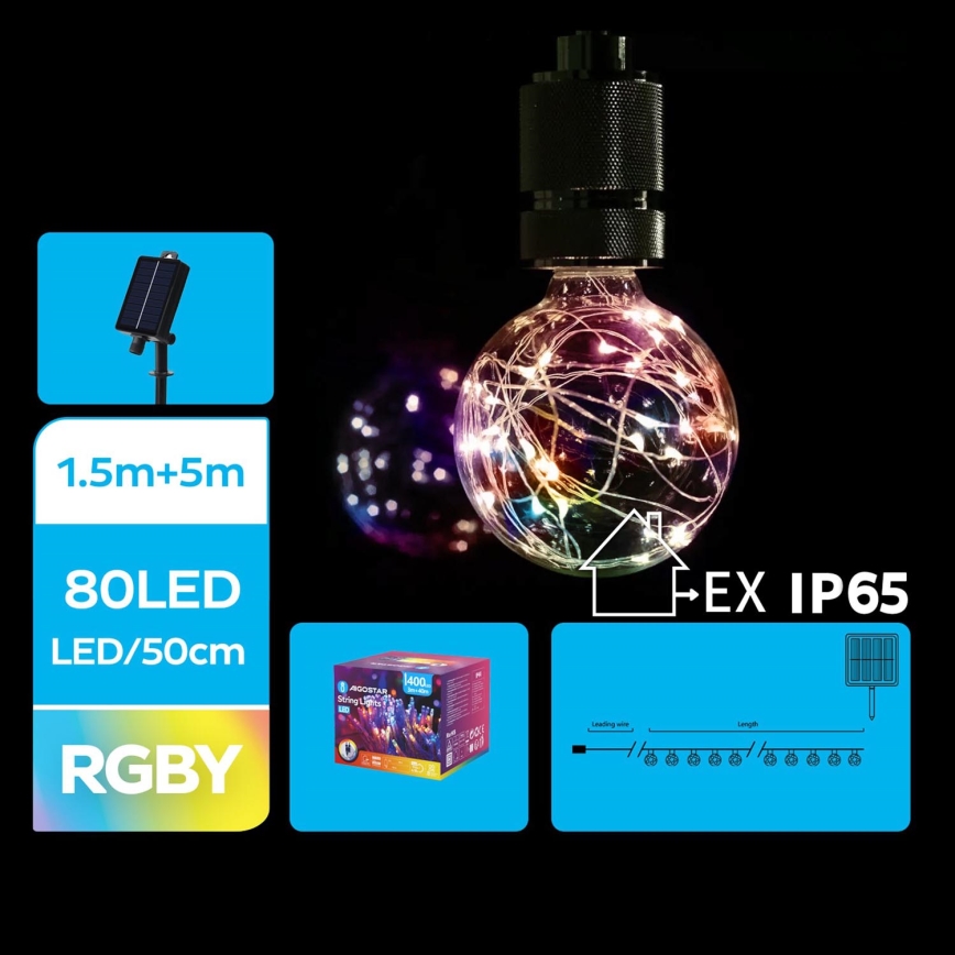 Aigostar - Soldrevet LED julekæde 10xLED/8 funktioner 6,5 m IP65 flerfarvet