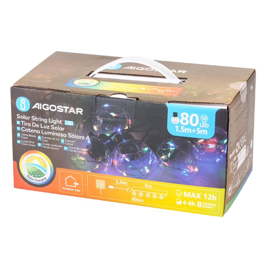 Aigostar - Soldrevet LED julekæde 10xLED/8 funktioner 6,5 m IP65 flerfarvet
