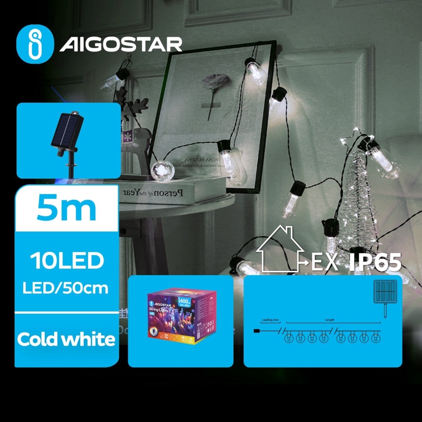 Aigostar - Soldrevet LED julekæde 10xLED/8 funktioner 6,5 m IP65 kold hvid