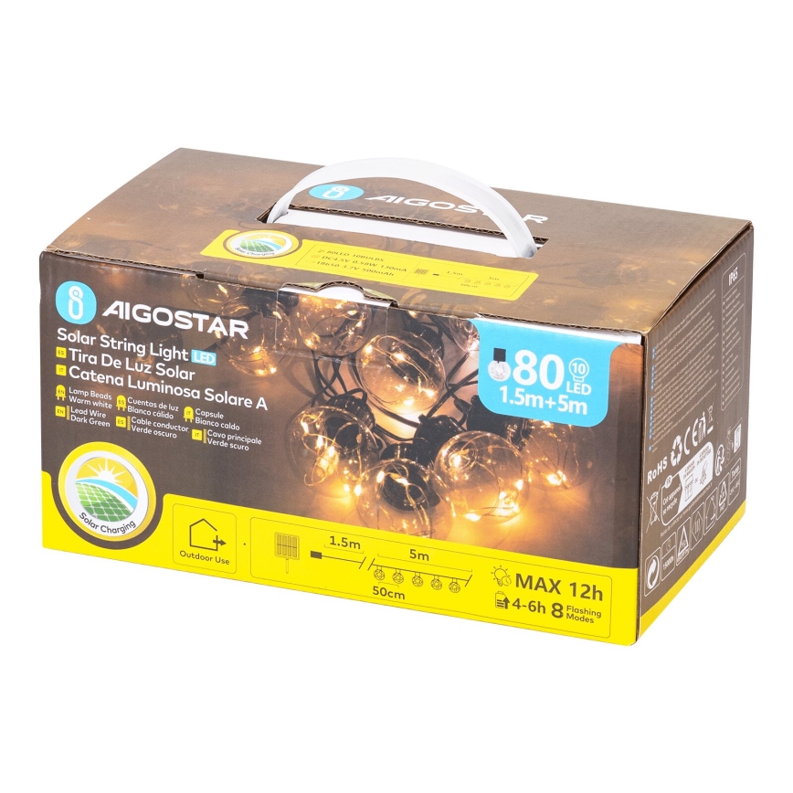 Aigostar - Soldrevet LED julekæde 10xLED/8 funktioner 6,5 m IP65 varm hvid