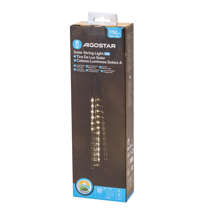 Aigostar - Soldrevet LED-julekæde 192xLED/8 m IP65 1200 mAh kold hvid