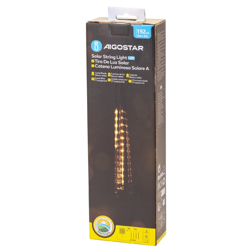 Aigostar - Soldrevet LED julekæde 192xLED/8 m IP65 varm hvid