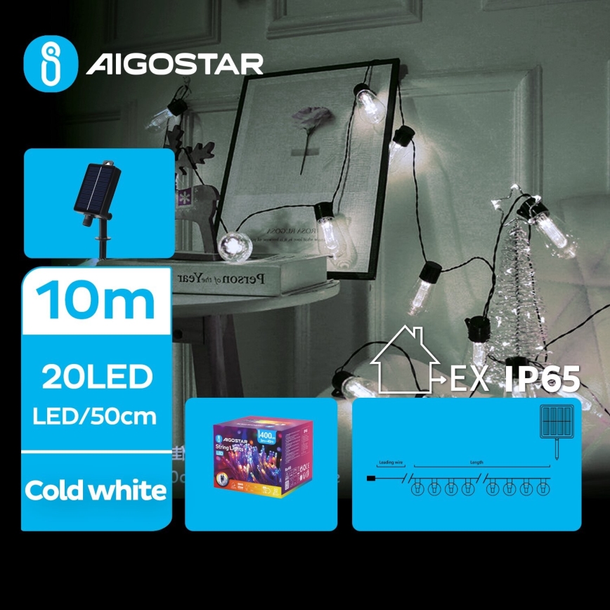 Aigostar - Soldrevet LED-julekæde 20xLED/8 funktioner 11,5 m 1200 mAh IP65 kold hvid