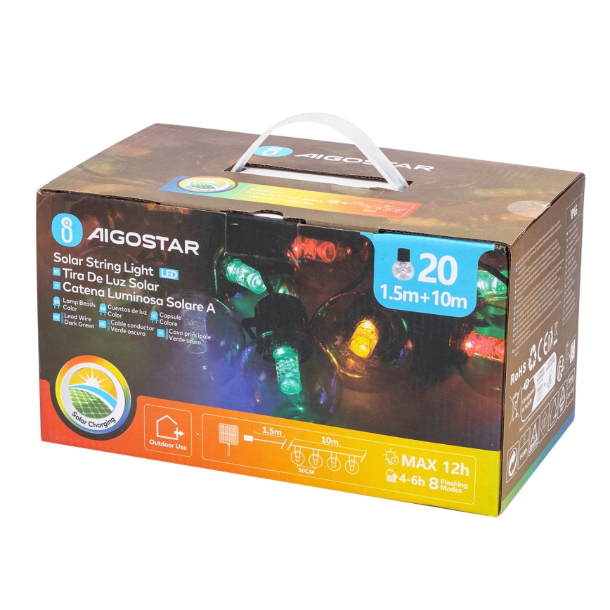 Aigostar - Soldrevet LED julekæde 20xLED/8 funktioner 11,5 m IP65 flerfarvet