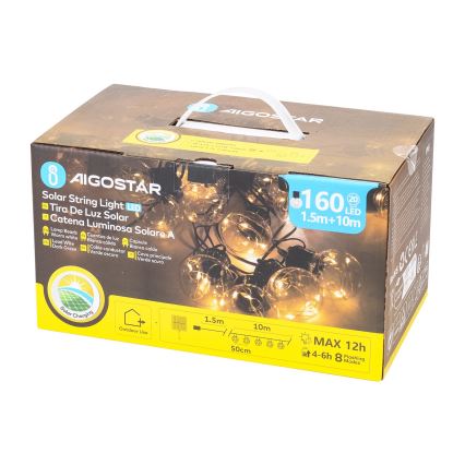 Aigostar - Soldrevet LED julekæde 20xLED/8 funktioner 11,5 m IP65 varm hvid