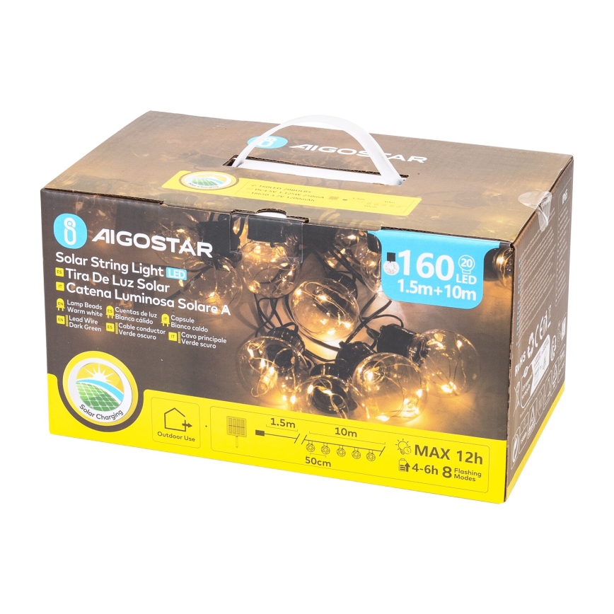 Aigostar - Soldrevet LED julekæde 20xLED/8 funktioner 11,5 m IP65 varm hvid