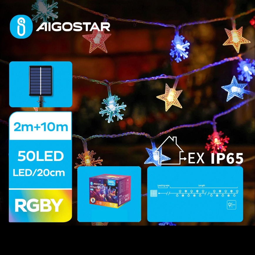 Aigostar - Soldrevet LED julekæde 50xLED/8 funktioner 12 m IP65 flerfarvet
