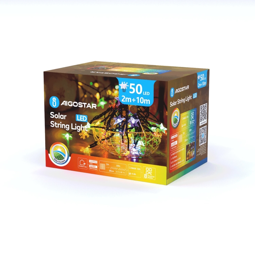 Aigostar - Soldrevet LED julekæde 50xLED/8 funktioner 12 m IP65 flerfarvet
