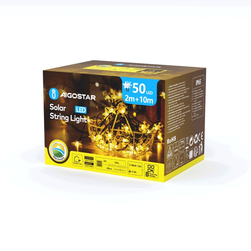 Aigostar - Soldrevet LED-julekæde 50xLED/8 funktioner 12 m 800mAh IP65 varm hvid
