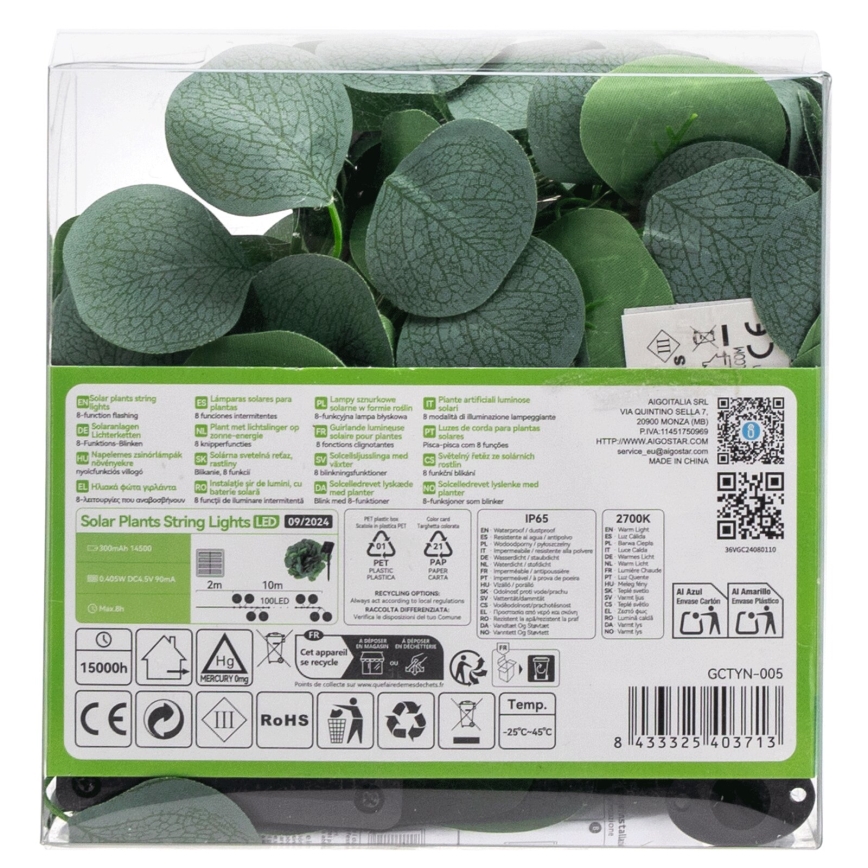 Aigostar - Soldrevet LED lyskæde 100xLED/12m IP65 varm hvid eukalyptus