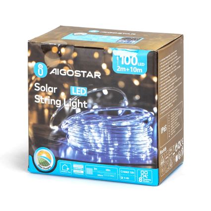 Aigostar - Soldrevet LED lyskæde 100xLED/8 funktioner 12 m IP65 kold hvid