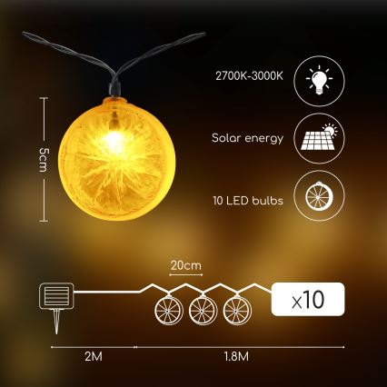 Aigostar - Soldrevet LED lyskæde 10xLED/3,8 m IP44 600 mAh varm hvid