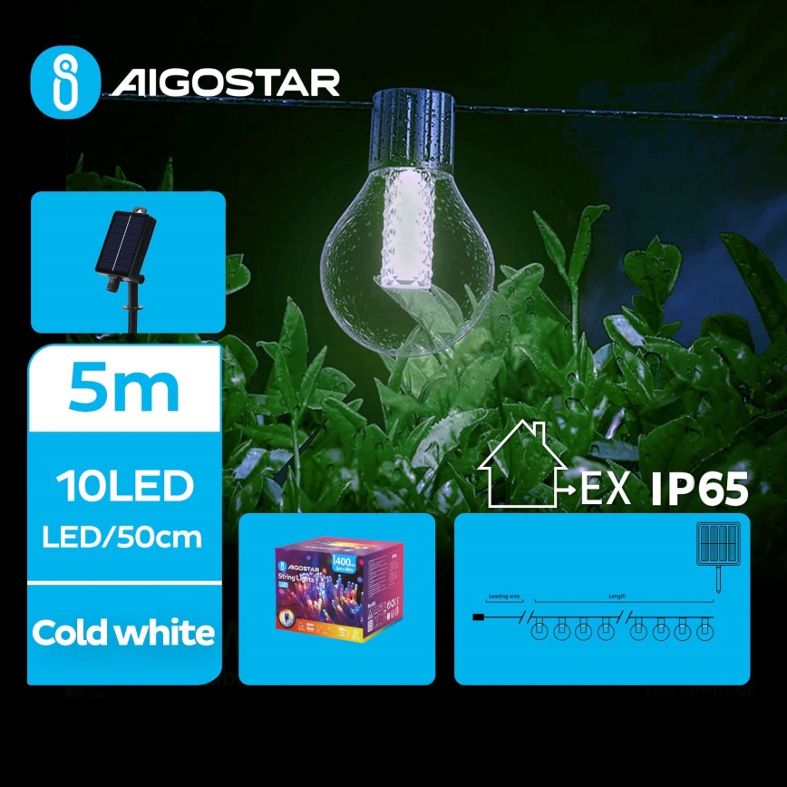 Aigostar - Soldrevet LED lyskæde 10xLED/8 funktioner 5,5 m IP65 kold hvid 500 mAh