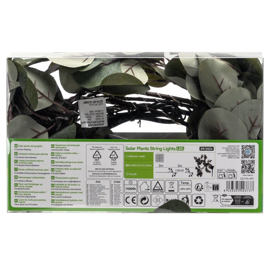 Aigostar - Soldrevet LED lyskæde 110xLED/4 m IP65 300 mAh varm hvid eukalyptus