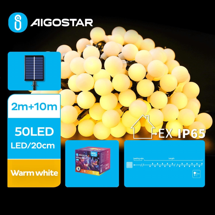 Aigostar - Soldrevet LED lyskæde 50xLED/8 funktioner 12 m 800 mAh IP65 varm hvid