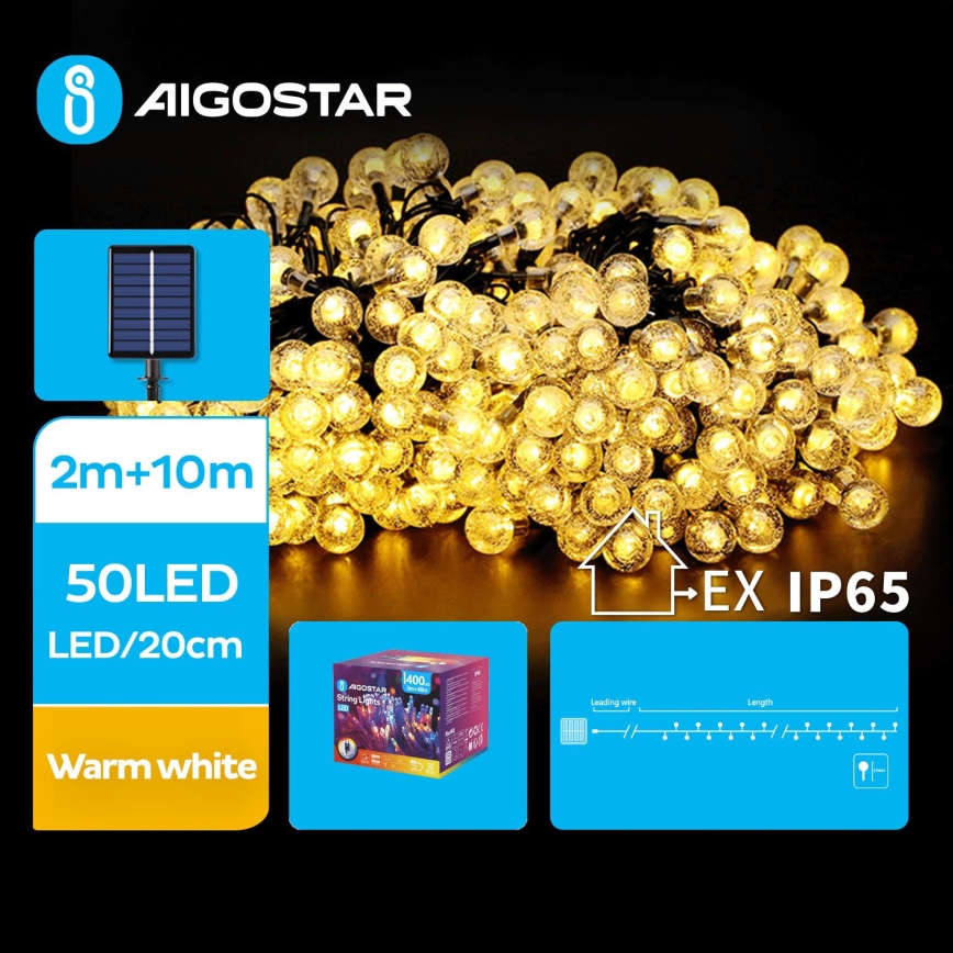 Aigostar - Soldrevet LED lyskæde 50xLED/8 funktioner 12 m 800 mAh IP65 varm hvid