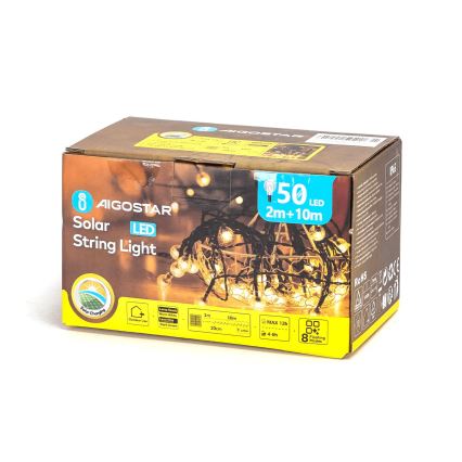 Aigostar - Soldrevet LED lyskæde 50xLED/8 funktioner 12 m 800 mAh IP65 varm hvid