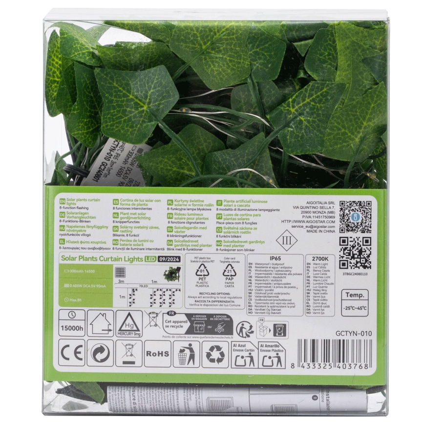 Aigostar - Soldrevet LED lyskæde 70xLED/4x1 m IP65 varm hvid ivy