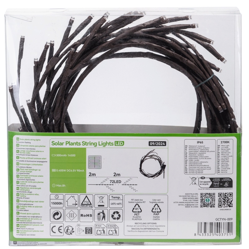 Aigostar - Soldrevet LED lyskæde 72xLED/4 m IP65 varm hvid grene