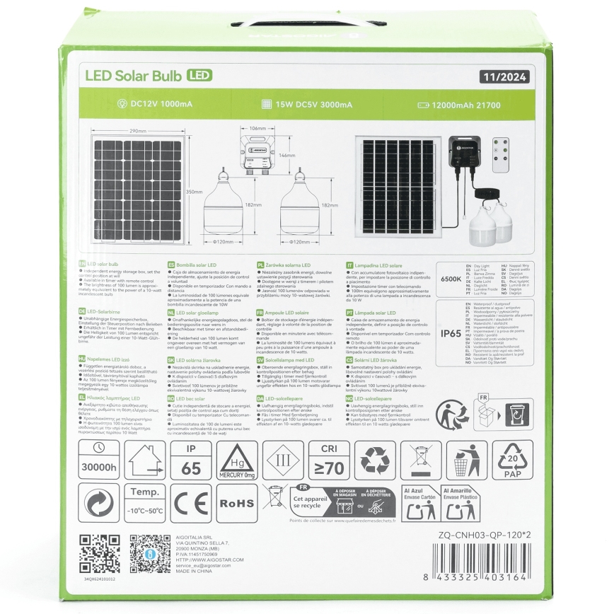Aigostar - Soldrevet LED pendel 2xLED/70W/12V 12000 mAh 6500K diameter 12 cm + fjernbetjening