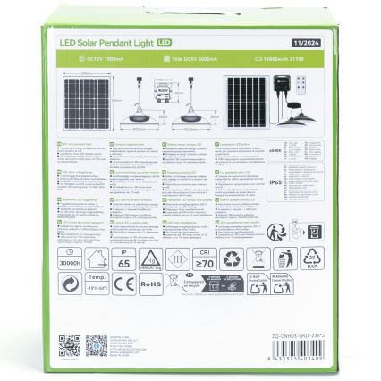 Aigostar - Soldrevet LED pendel 2xLED/70W/12V 12000 mAh 6500K diameter 23,5 cm + fjernbetjening