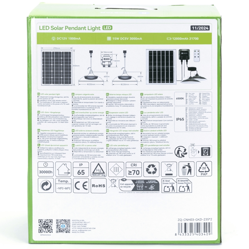 Aigostar - Soldrevet LED pendel 2xLED/70W/12V 12000 mAh 6500K diameter 23,5 cm + fjernbetjening