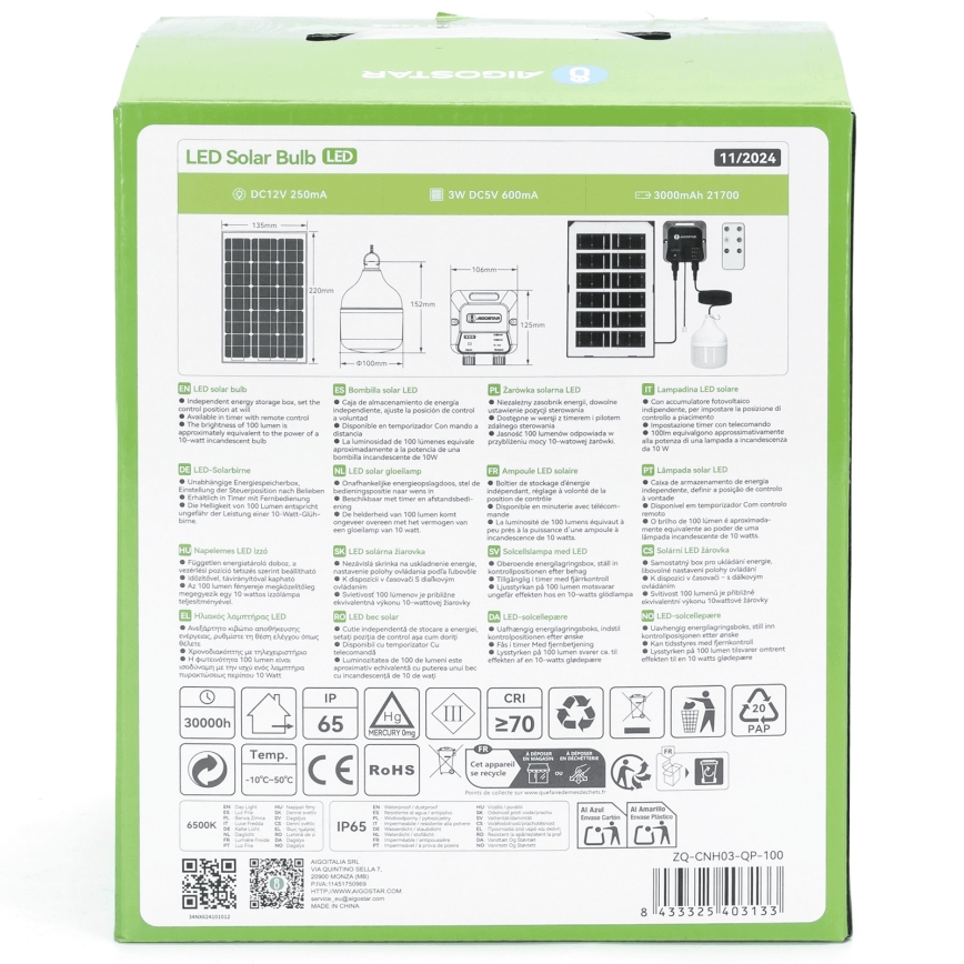 Aigostar - Soldrevet LED pendel LED/35W/12V 3000 mAh 6500K diameter 10 cm + fjernbetjening