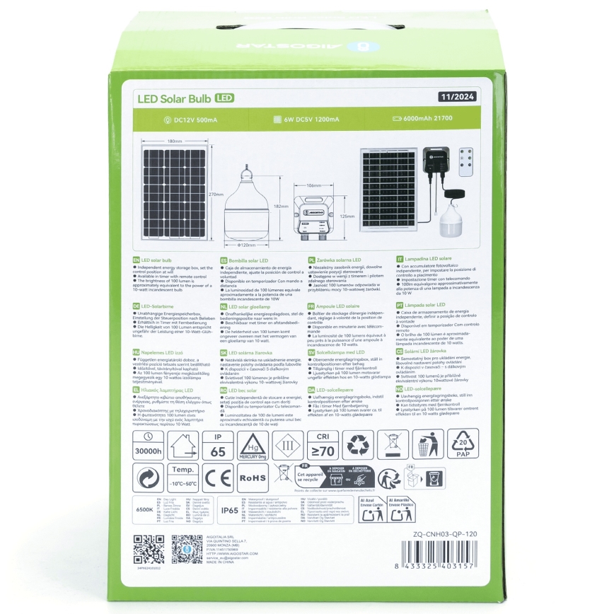 Aigostar - Soldrevet LED pendel LED/70W/12V 6000 mAh 6500K diameter 12 cm + fjernbetjening