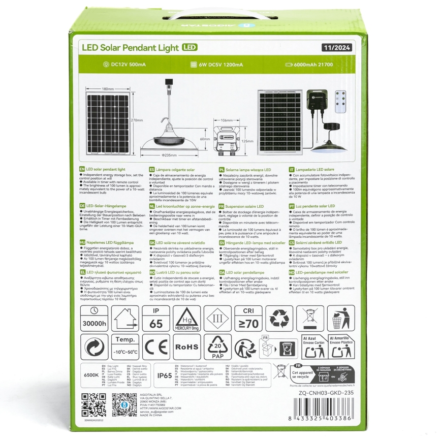 Aigostar - Soldrevet LED pendel LED/70W/12V 6000 mAh 6500K diameter 23,5 cm + fjernbetjening