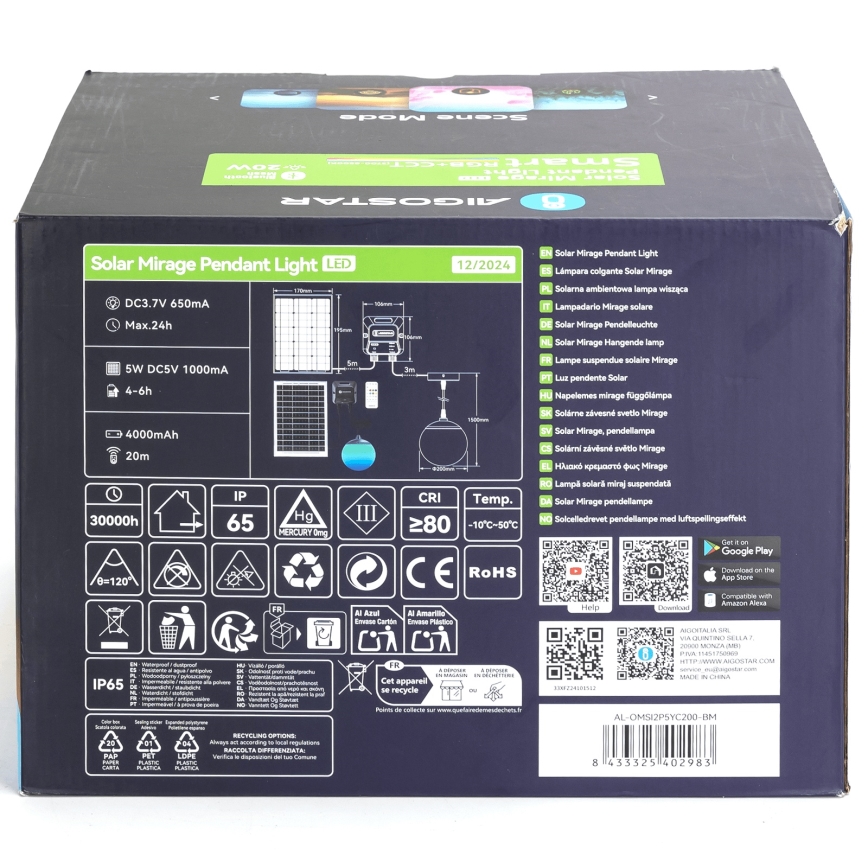 Aigostar - Soldrevet LED pendel m. RGB-farver dæmpbar MESH LED/20W/3,7V 4000 mAh 2700K-6500K IP65 diameter 20 cm