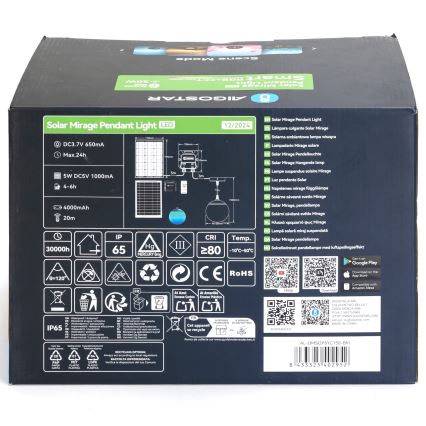 Aigostar - Soldrevet LED pendel m. RGBW-farver dæmpbar MESH LED/20W/3,7V 4000 mAh 2700K-6500K IP65 diameter 15 cm