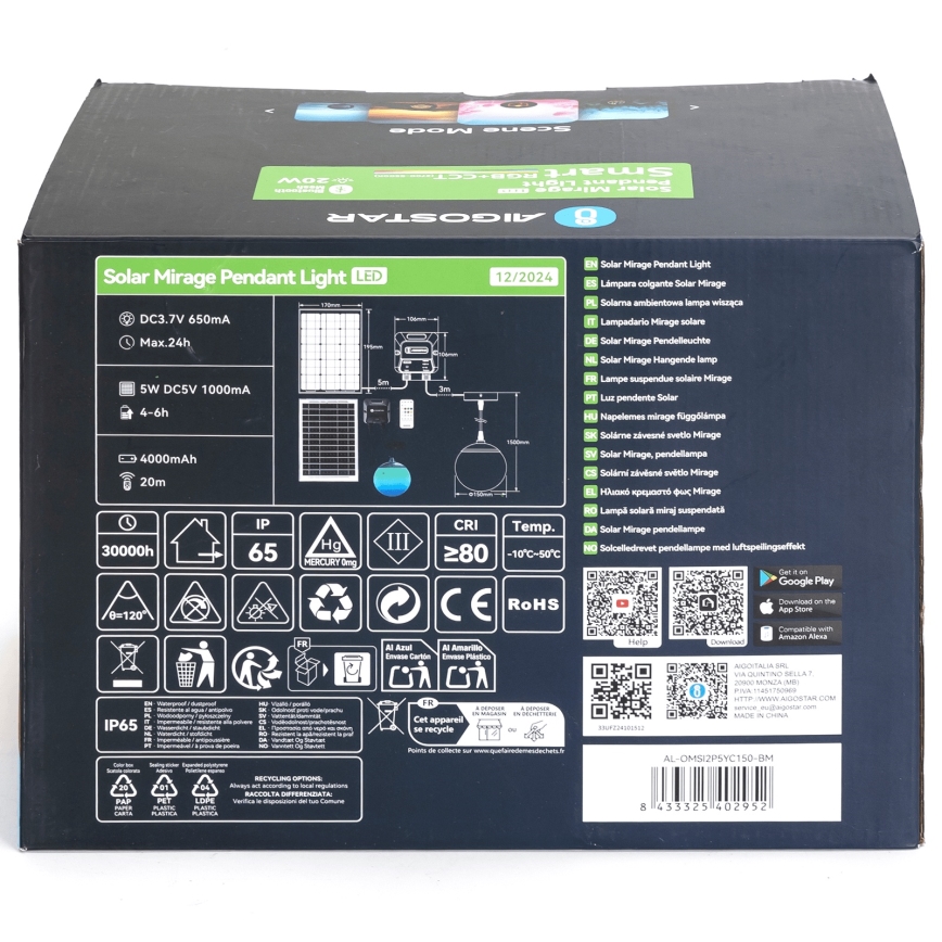 Aigostar - Soldrevet LED pendel m. RGBW-farver dæmpbar MESH LED/20W/3,7V 4000 mAh 2700K-6500K IP65 diameter 15 cm