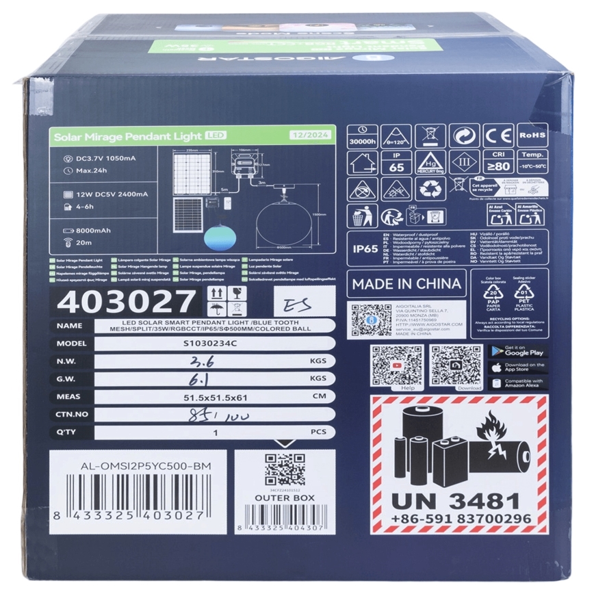 Aigostar - Soldrevet LED pendel m. RGBW-farver dæmpbar MESH LED/35W/3,7V 8000 mAh 2700K-6500K IP65 diameter 50 cm