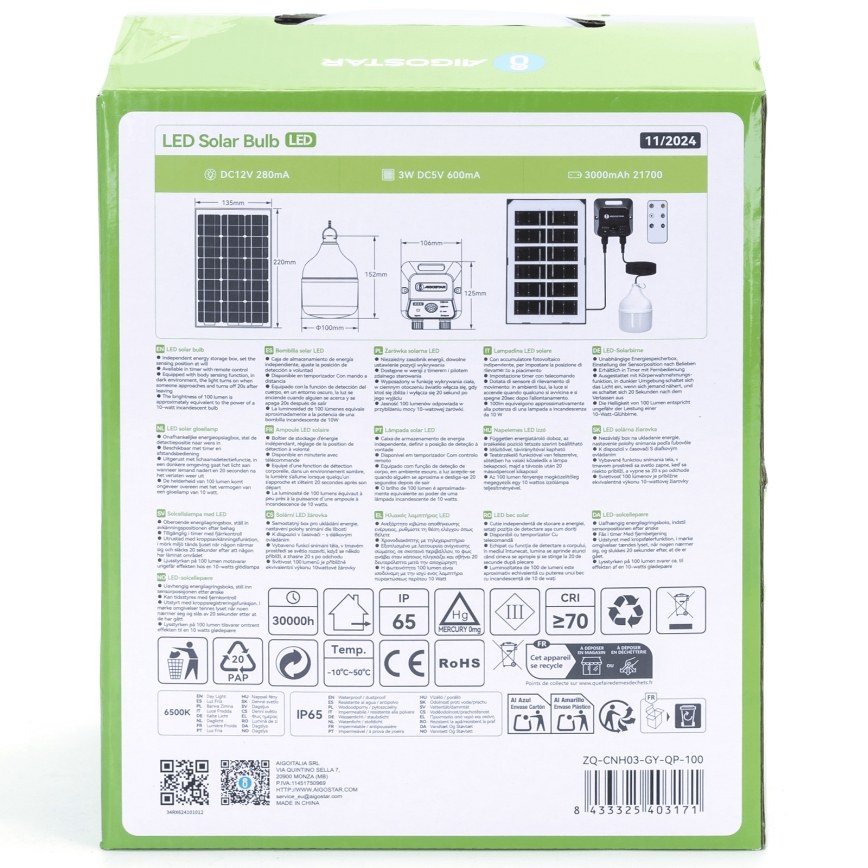 Aigostar - Soldrevet LED pendel med sensor LED/35W/12V 3000 mAh 6500K diameter 10 cm + fjernbetjening