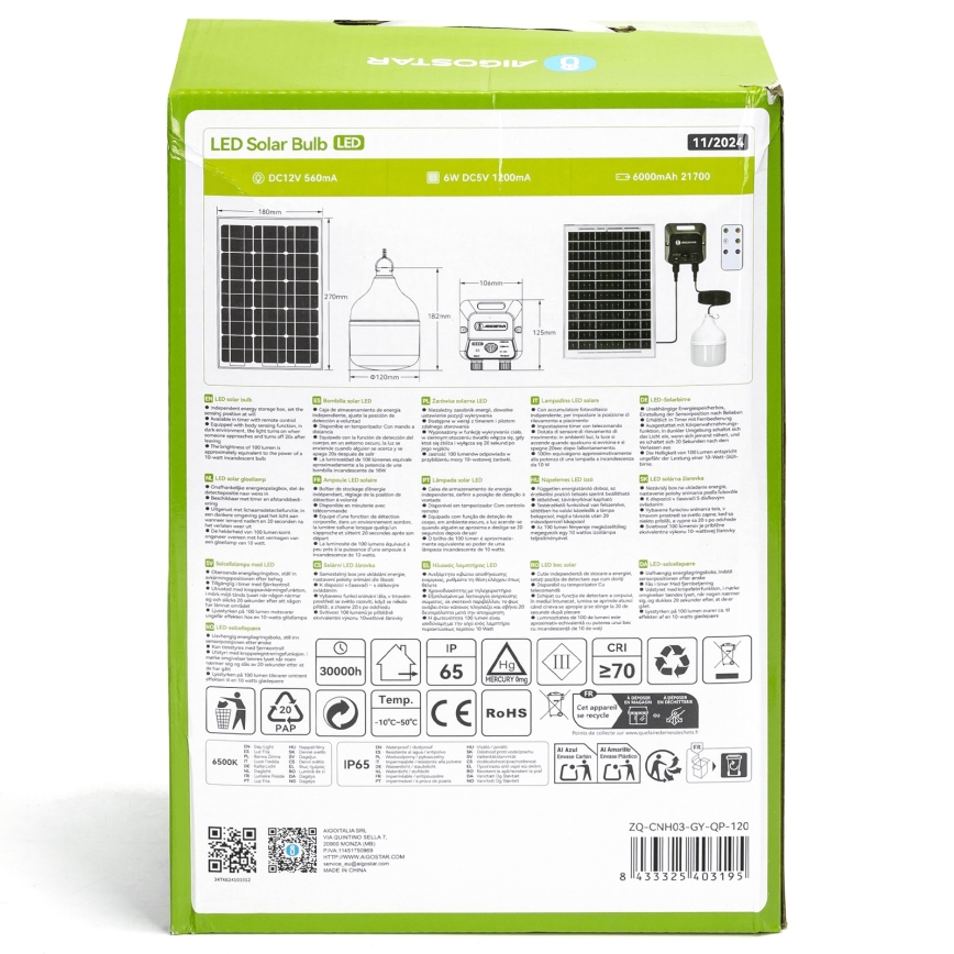 Aigostar - Soldrevet LED pendel med sensor LED/70W/12V 6000 mAh 6500K diameter 12 cm + fjernbetjening