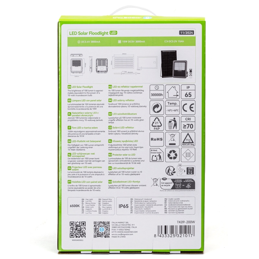 Aigostar - Soldrevet LED projektør dæmpbar LED/200W/3,4V IP65 + fjernbetjening