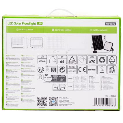 Aigostar - Soldrevet LED projektør dæmpbar LED/200W/3,4V IP66 + fjernbetjening