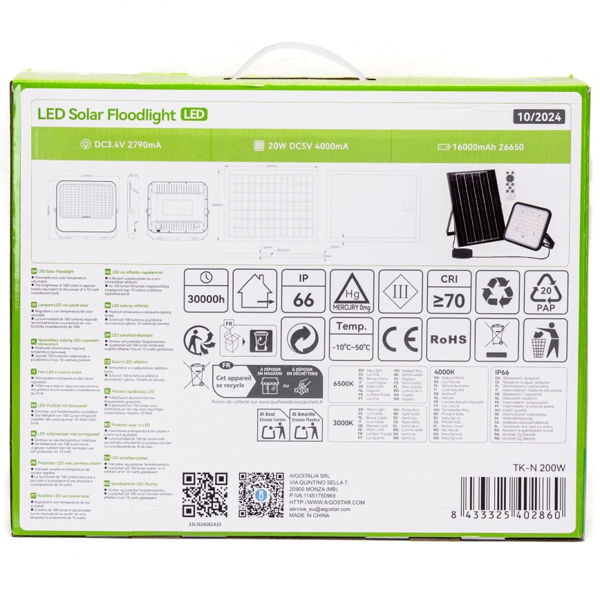 Aigostar - Soldrevet LED projektør dæmpbar LED/200W/3,4V IP66 + fjernbetjening