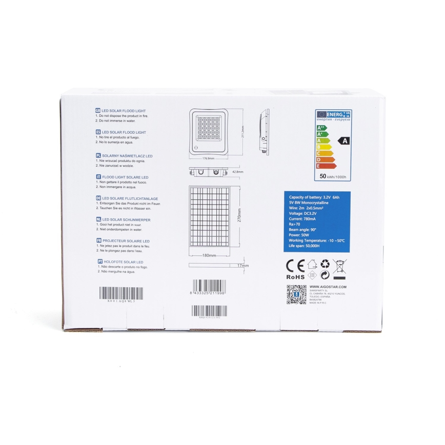 Aigostar - Soldrevet LED projektør dæmpbar LED/50W/3,2V IP65 6000 mAh + fjernbetjening