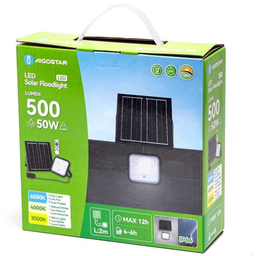 Aigostar - Soldrevet LED projektør dæmpbar LED/50W/3,4V IP66 + fjernbetjening