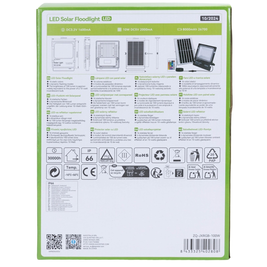 Aigostar - Soldrevet LED projektør m. RGB-farver dæmpbar LED/100W/3,2V IP66 + fjernbetjening