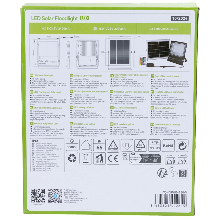 Aigostar - Soldrevet LED projektør m. RGB-farver dæmpbar LED/150W/3,2V IP66 + fjernbetjening