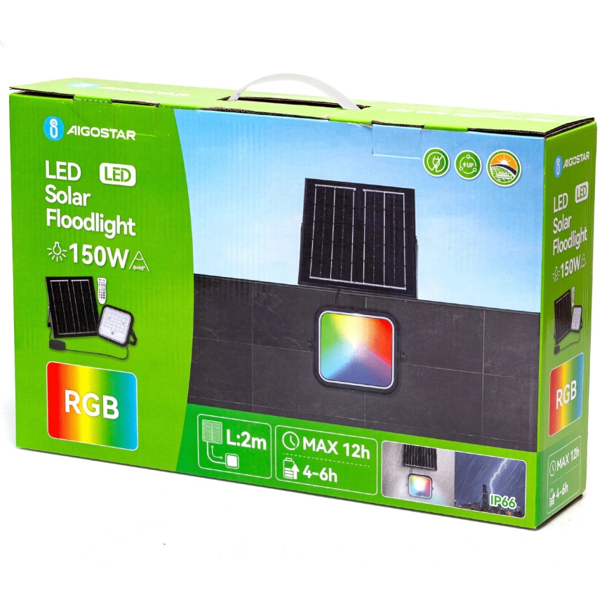 Aigostar - Soldrevet LED projektør m. RGBW-farver dæmpbar LED/150W/3,4V IP66 12000 mAh + fjernbetjening