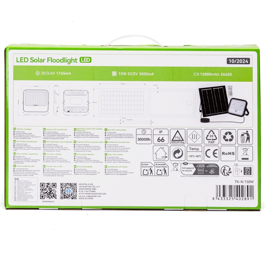 Aigostar - Soldrevet LED projektør m. RGBW-farver dæmpbar LED/150W/3,4V IP66 12000 mAh + fjernbetjening
