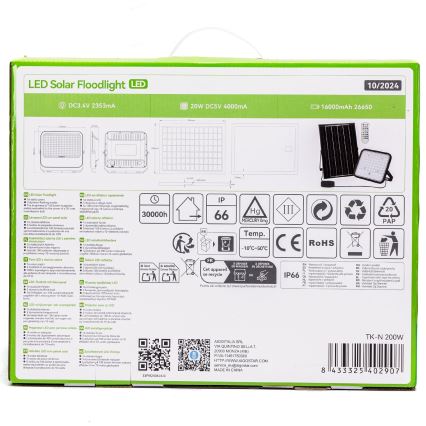 Aigostar - Soldrevet LED projektør m. RGBW-farver dæmpbar LED/200W/3,4V IP66 + fjernbetjening