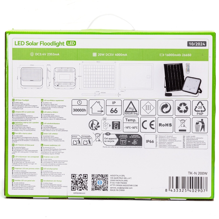 Aigostar - Soldrevet LED projektør m. RGBW-farver dæmpbar LED/200W/3,4V IP66 + fjernbetjening
